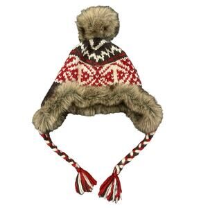 Abercrombie Vintage Rare Trapper Hat Faux Fur Winter Knit Tassel Wool Blend
